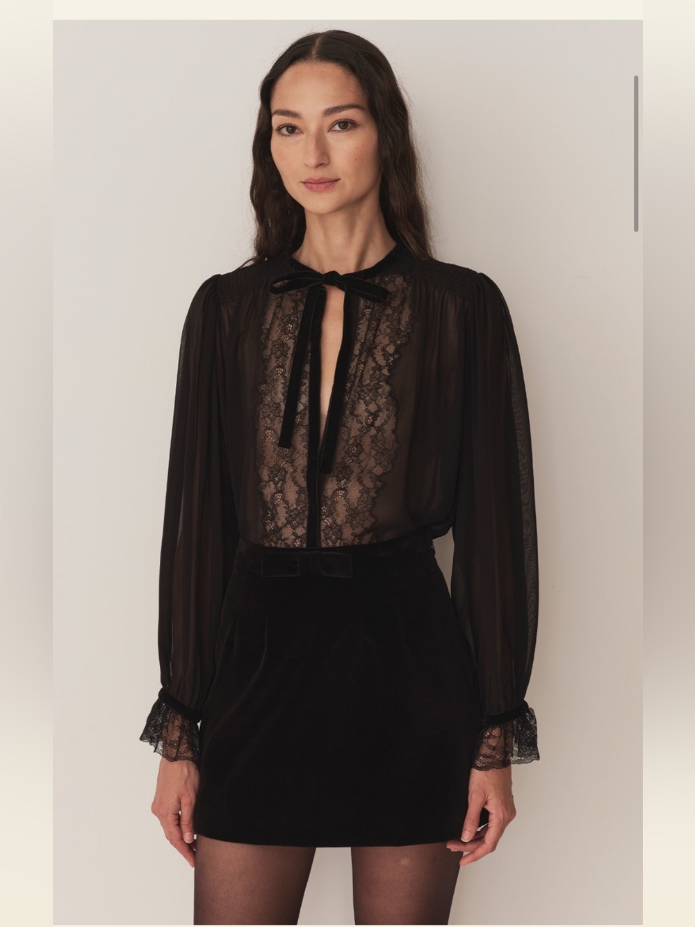 Doen Leia Black Sheer Lace Tie-Neck Blouse